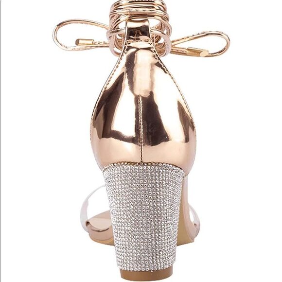 Rose Gold Heels Sandals with Rhinestone Strappy Open Toe Clear Block 2.75” Heel - Picture 2 of 10